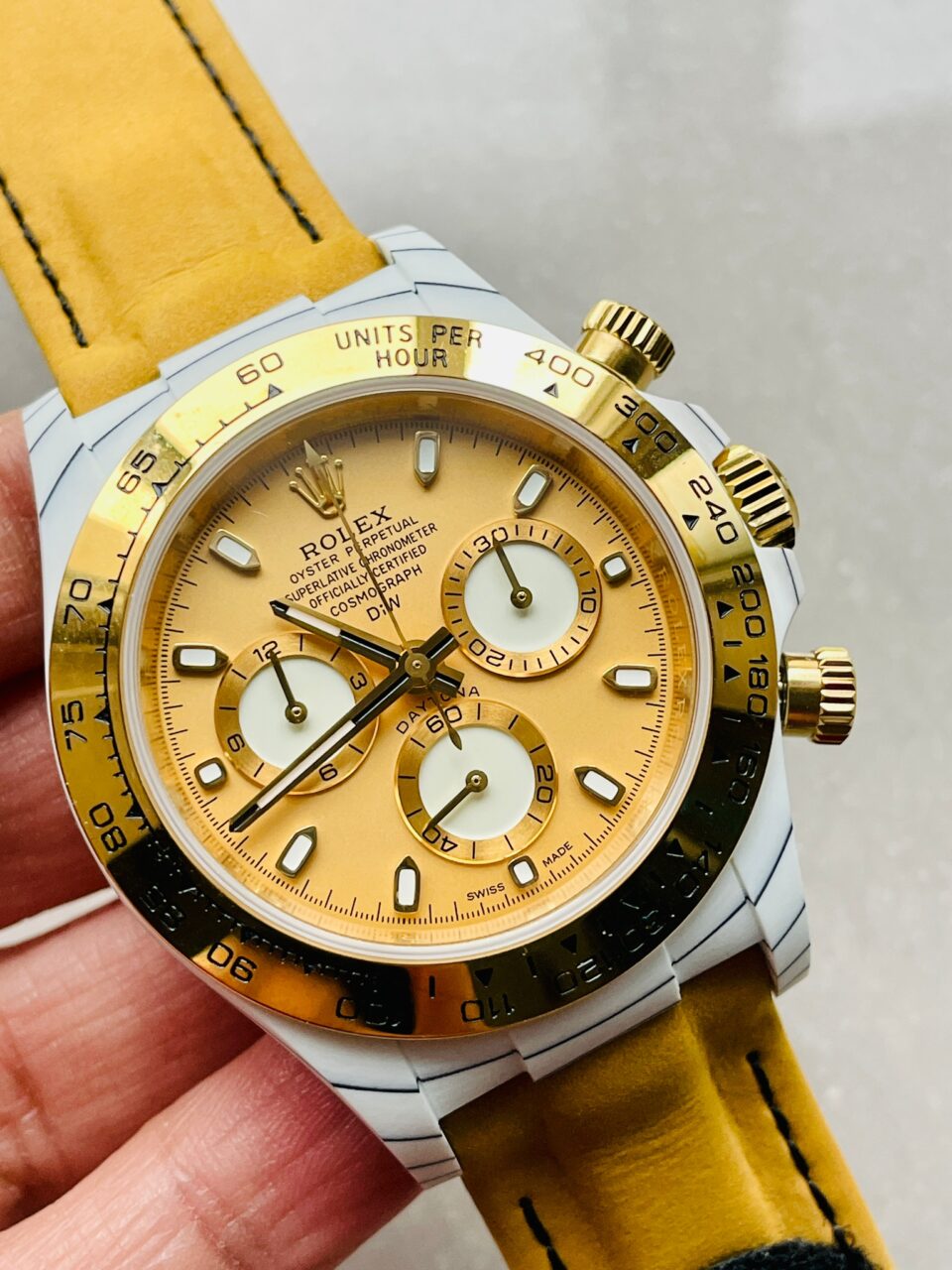 DIWF Factory 1:1 Rolex Daytona DIW White Carbon/YG  Best Edition Gold Dial A7750