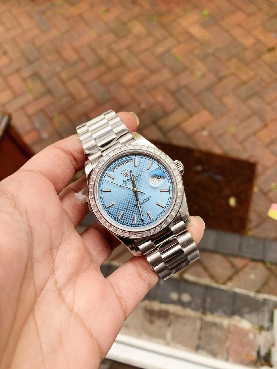 SS Factory 1:1 Rolex Day Date II Best Edition BAGUETTE DIAMONDS Bezel Ice Blue Dial Crystal Markers A3255