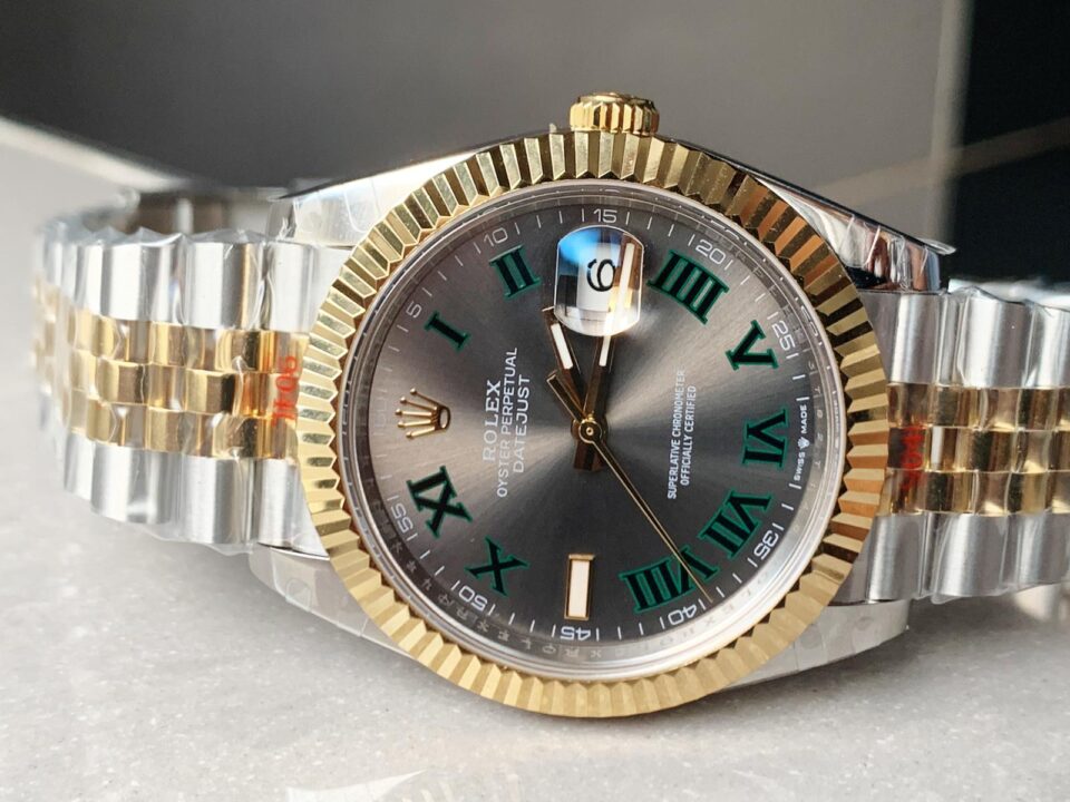 REF Factory 1:1 Best Rolex New DateJust 41 126334 SS/YG Edition Gray Dial Green Roman Markers A3235