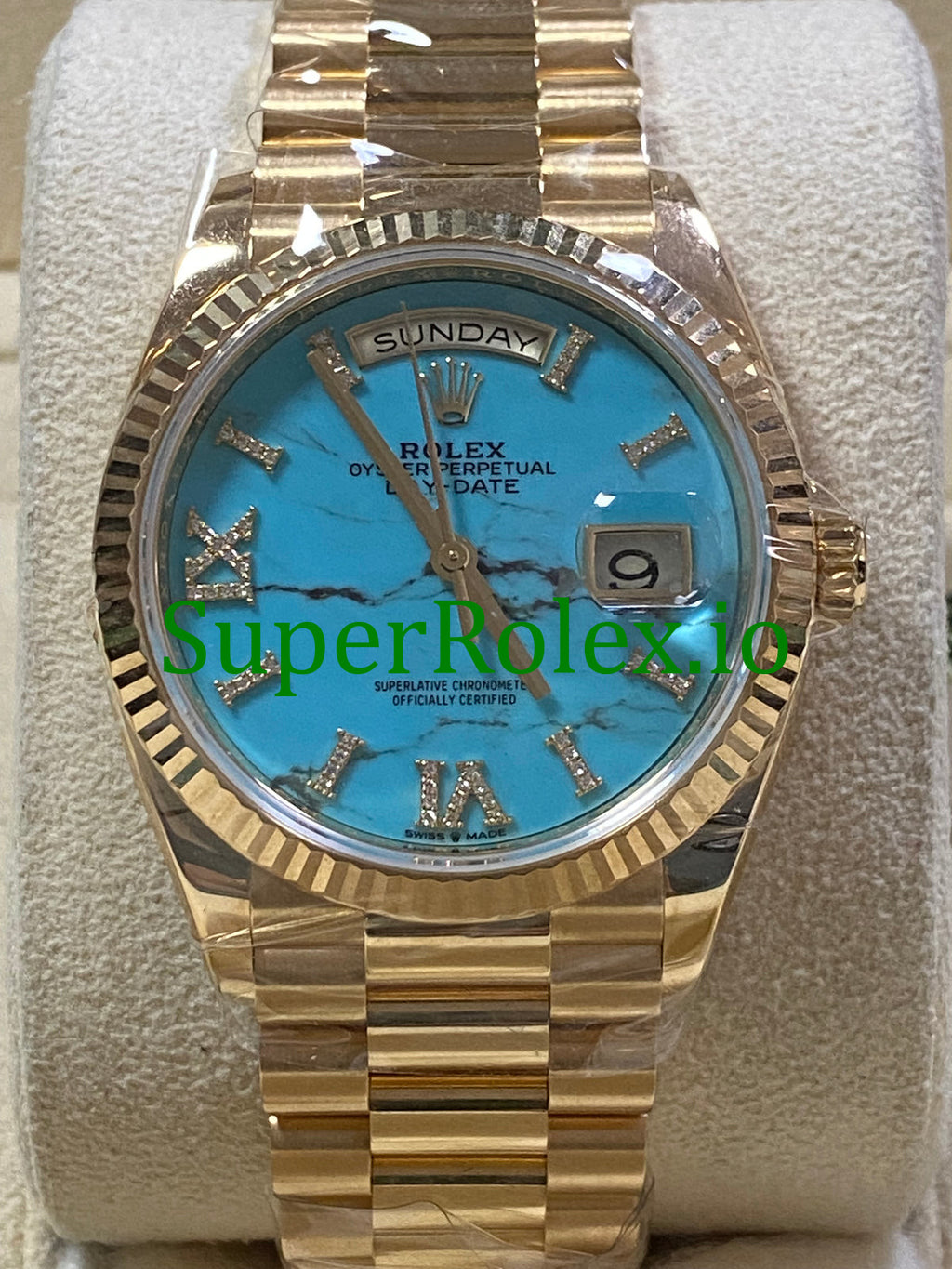 Rolex Day-Date 36MM Yellow Gold Turquoise Diamond-Set Dial Ref.128238