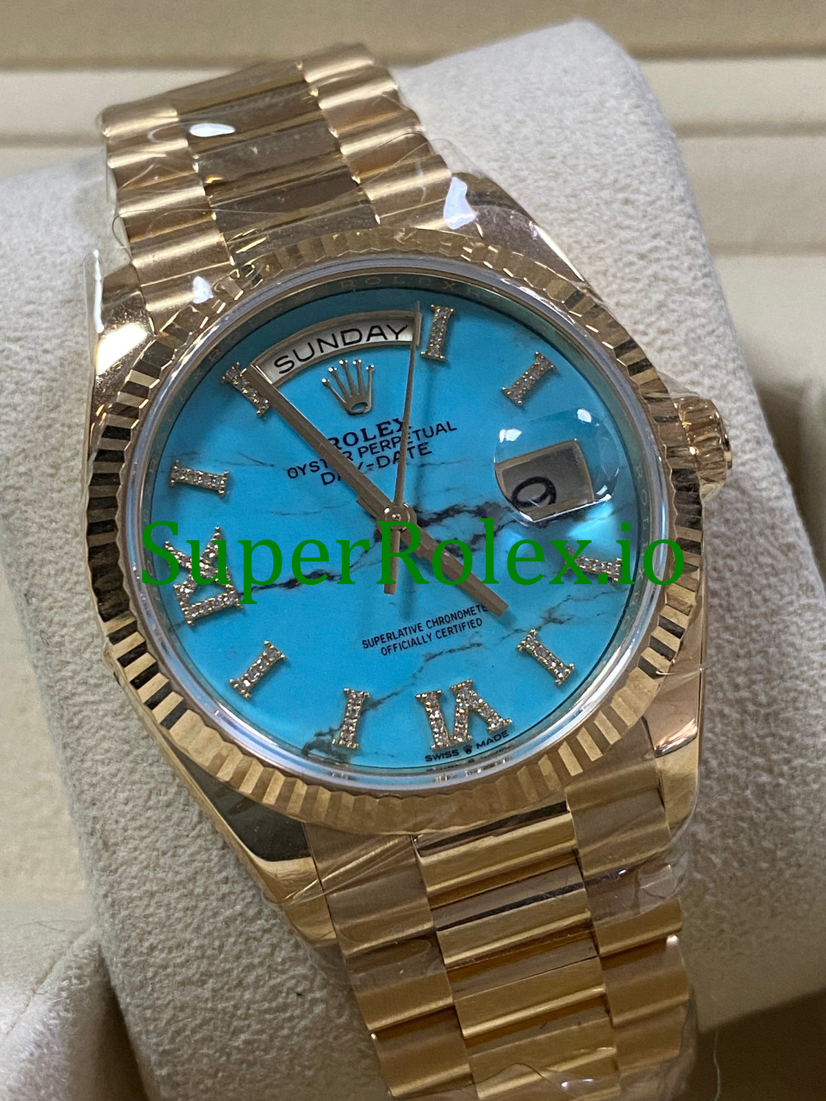 Rolex Day-Date 36MM Yellow Gold Turquoise Diamond-Set Dial Ref.128238