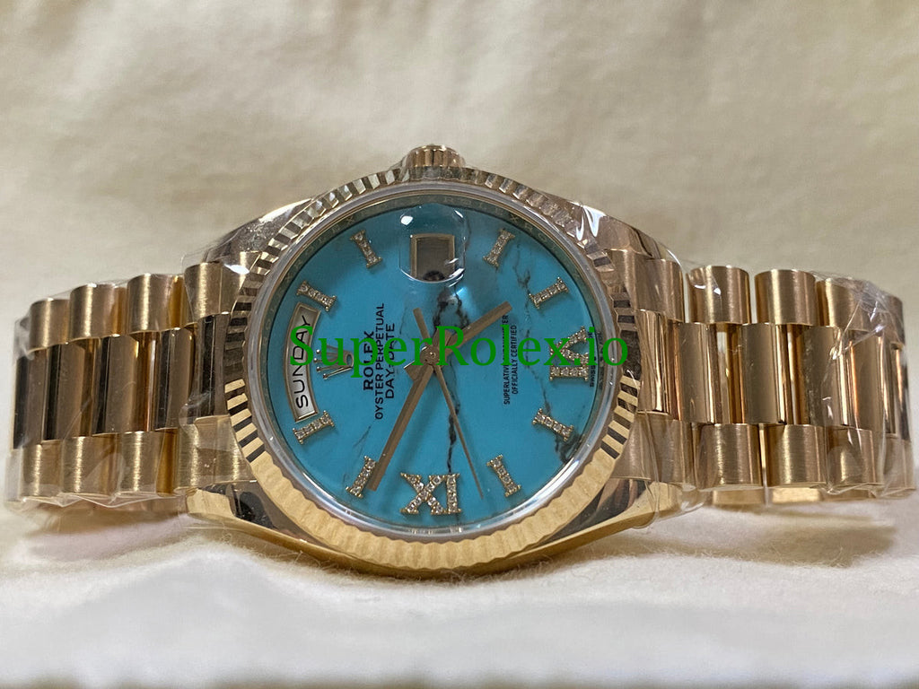 Rolex Day-Date 36MM Yellow Gold Turquoise Diamond-Set Dial Ref.128238