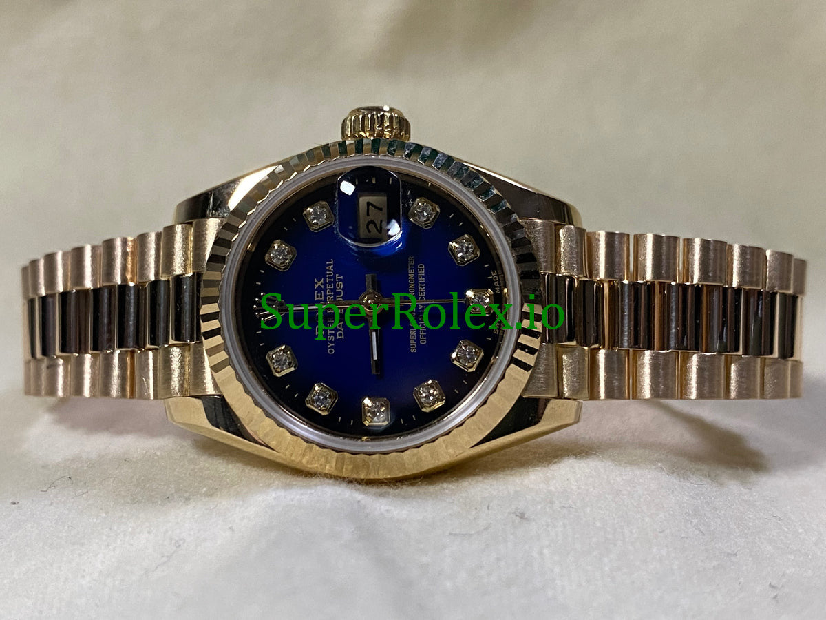 Rolex Lady-Datejust 26MM Yellow Gold Blue Vignette Diamond Dial Ref.69178