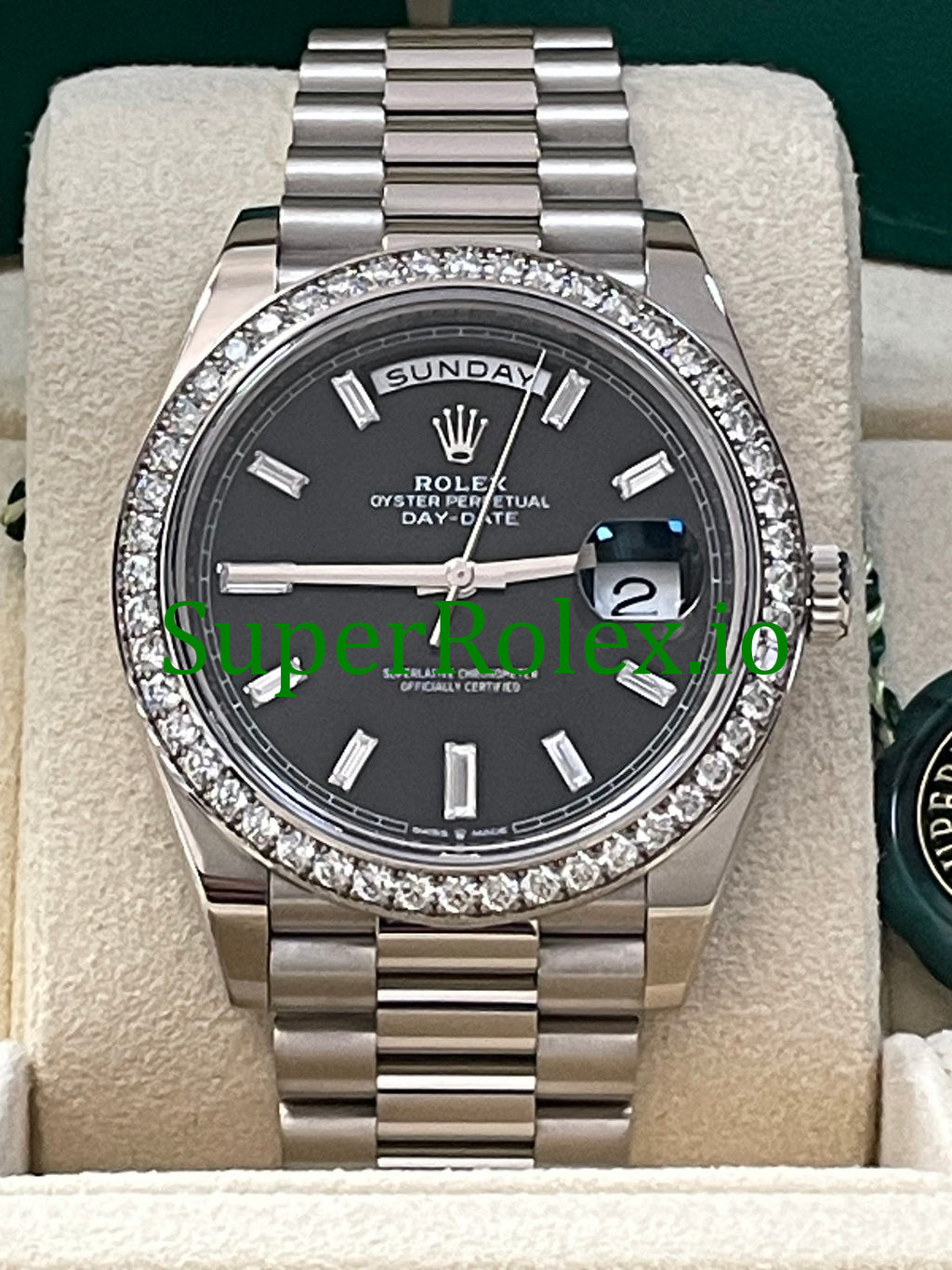 Rolex Day-Date 40 White Gold Ref.228349RBR Black Baguette Diamond Dial